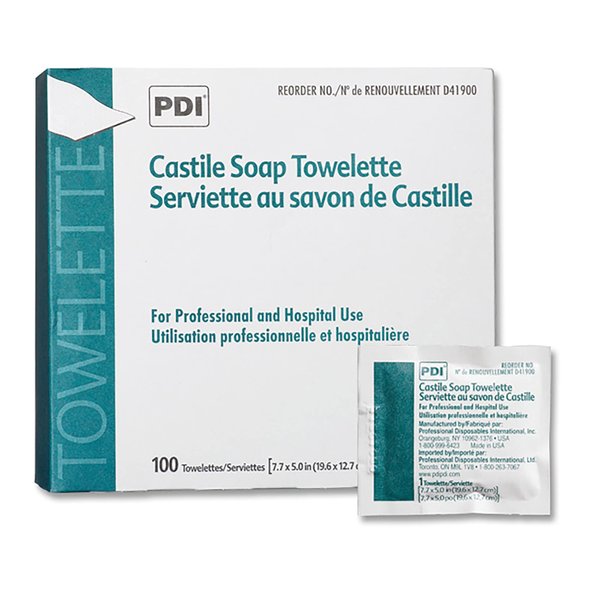 PDI Castile Soap Towelette - Premoistened Facial Cleansing Wipe with Coconut Oil, Great for Travel - Individual Packet, 7.7 in. x 5in., 100 Count, 1 Pack