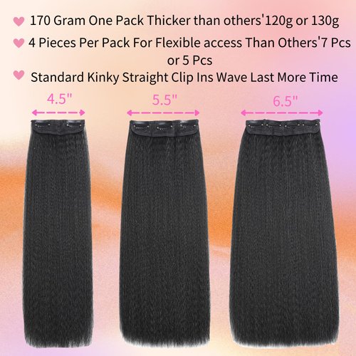 Kinky Straight Clip in Hair Extensions for Black Women Full Head Yaki Kinky Straight Synthetic Hair Clip ins Hair Natural Black 4Pcs 11 Clips 170g/Set (22 inch)