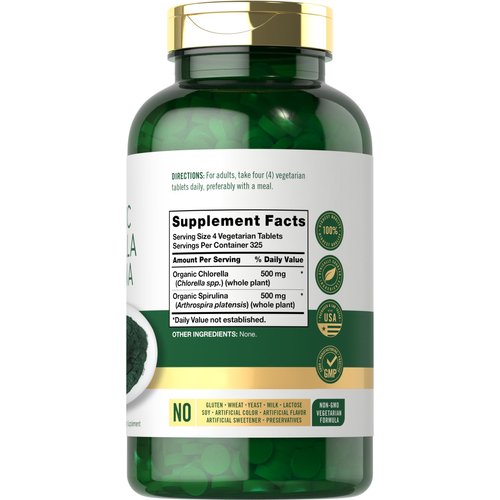 Carlyle Organic Chlorella Spirulina Tablets | 1300 Count | 50/50 Blend | Non-GMO and Gluten Free