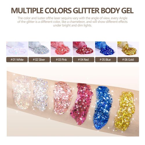 SUMEITANG 6PCS Clear White Face Body Glitter Gel，Mermaid Holographic Sequins Chunky Glitter Paint for Party Singer Concerts Festival Rave Accessories for Girls Women Face Body Hair Sparkling Makeup