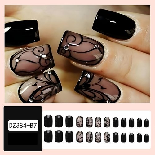 Generic Black Press on Nails Short Square Fake Nails Black nails press ons short Exquisite Acrylic Glue on Nails Short Coffin Designs Glossy Fake Nails Set Artificial Nails for Women Girls - 24Pcs