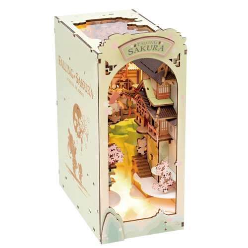 Rowood Book Nook Kits for Adults,3D Wooden Puzzle Bookend,Bookshelf Decor Insert Alley,DIY Miniature Booknook Model Craft Kits for Adults,Gifts with LED on Birthday Christmas(Falling Sakura)