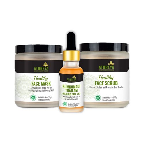 Athreya Herbs Healthy Glow Pack | For Soft & Glowing Skin | Ayurvedic Formula | Nourishes & Hydrates Skin | Healthy Face Mask 4 Oz | Healthy Face Scrub 4 Oz | Kumkumadi Thailam 0.5 Oz | Vegan, Non-GMO