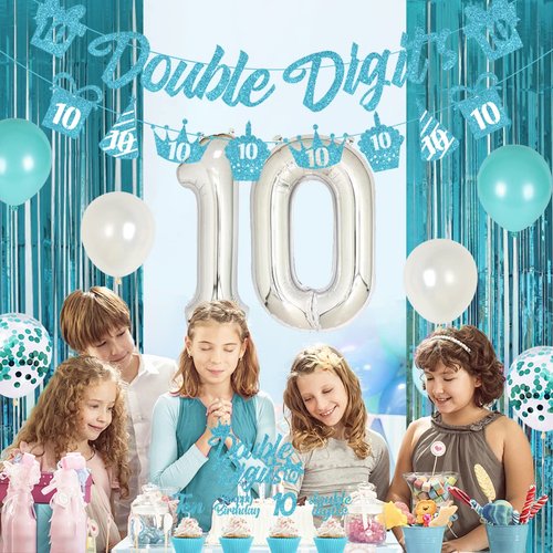 10th Birthday Decorations for Girls Teal Blue Double Digits Party Supplies Turquoise Banner Cake & Cupcake Topper Tenth Birthday Garland Number 10 Foil Balloon for 10 Year Old Party Decorations