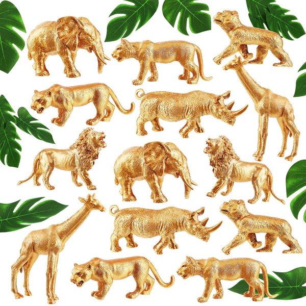 26 Pieces Gold Animals Figures Toys Set 14 Pcs Plastic Safari Figures 12 Pcs Faux Tropical Palm Leaves Kids Birthday Cake Topper (Safari Animal)