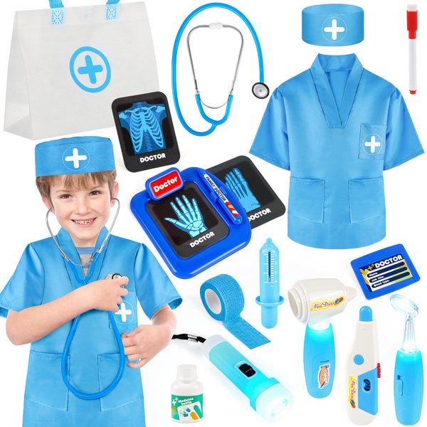 IVENRXIU Doctor Kit for Kids,17 Pcs Kids Doctor Kit for Toddlers 3-5, Kids Doctors Play Set with Medical Bag and Dress Up Costume, Pretend Play Toys for Boys Girls Halloween Christmas Birthday Gifts