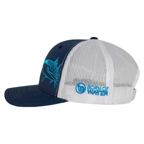 Tiger Shark Scuba Diving Trucker Hat: Mens Adjustable Snapback for Fishing, Spearfishing - Navy/White