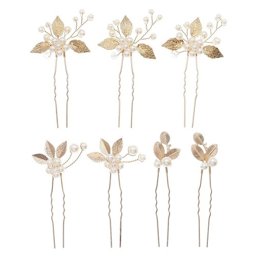 7 Pieces Gold U Shape Wedding Hair Pins for Bridesmaid Beads Leaf Wedding Hairpins Bridal Hair Clips for Bride Women and Flower Girls Hair Accessories