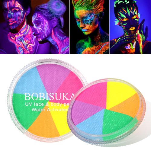 6 Colors Glow UV Blacklight Face Body Paint Palette, Water Activated Neon Facepaint, Washable Painting Kit for Halloween, Glow In The Dark Party Cosplay Stage Makeup