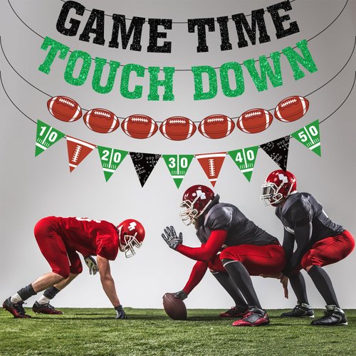 Pre-Strung Game Time Touch Down Football Banner, NO DIY Football Party Banner Pre-Strung Garland on 9.8ft Strands Football Birthday Party Decorations, Sports Fantasy Football Party