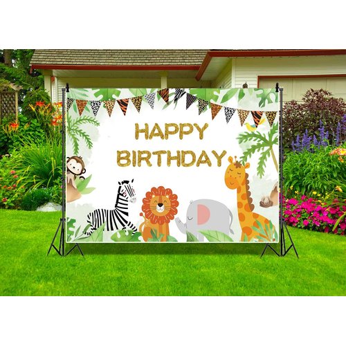 ZJRBJB 7x5ft Safari Happy Birthday Party Backdrop Jungle Animals Theme Birthday Banner Wild One Zoo Animals Party Decorations Background for Baby Shower Newborn 1st Girl Boy Party Supplies