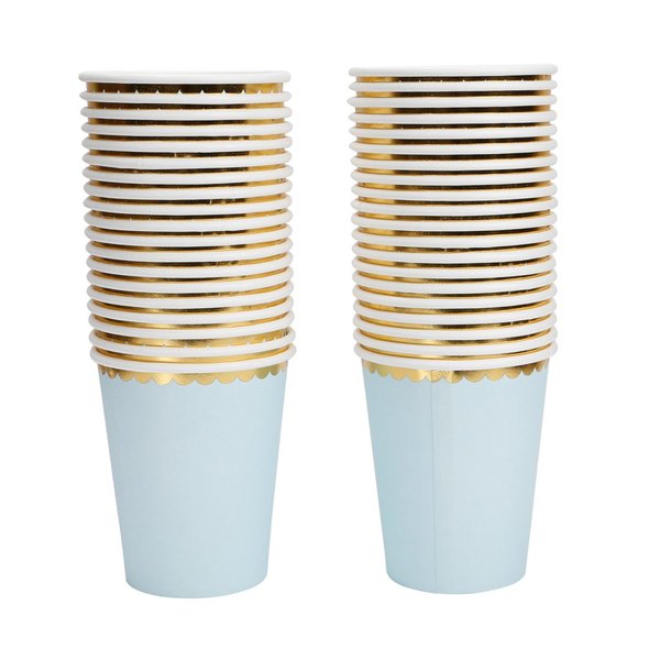 Geeklife Gold Blue Paper Cups with Sparkly Gold Foil Border Disposable Paper Cups 9oz for Dinner,Lunch,Birthday and Baby Shower,40 pcs