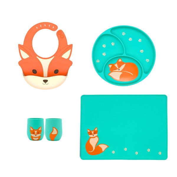Silly Goose Silicone Baby Feeding Set with Cute Bib, Suction Divided Plate, Open Top Cup, and Travel Placemat, Cute Fox Design, Baby Led Weaning Supplies for Babies and Toddlers, Dishwasher Friendly