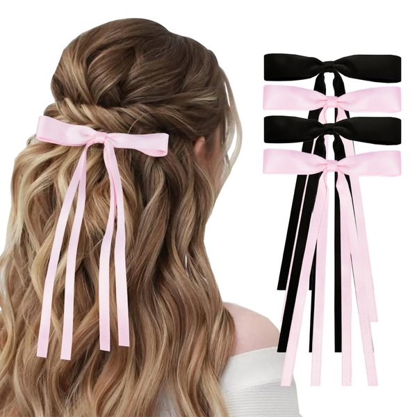 NYXXZ 4 Pcs Bow Hair Clips for Girls, Tassel Bow Long Tail Hair Clips Ribbon Bowknot Hair Bow, Women's Hair Clips Ribbon Hair Ties Barrettes Hair Accessories (Black and Pink)
