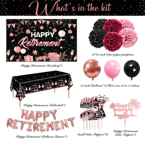 Retirement Party Decorations for Women, Rose Black Retirement Decorations for Women Include HAPPY RETIREMENT Balloons Banner Paper Pompons Retired Backdrop Tablecloth Cake Toppers