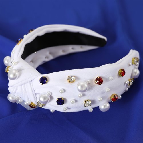 Gmmidea 4th of July Headband for Women Girls American Flag Pearl Knotted Headband Red White Blue Beaded Crystal Top Knot Headband USA Independence Day Hair Band