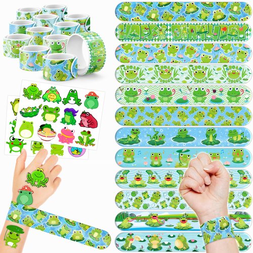 Cherisnowy 48 PCS Frog Party Favors 24PCS Tattoos Stickers 24PCS Slap Bracelets Wristbands Perfect for Themed Birthday Baby Showers or Classroom Rewards Ideal Decor and Gifts for Girls and Boys