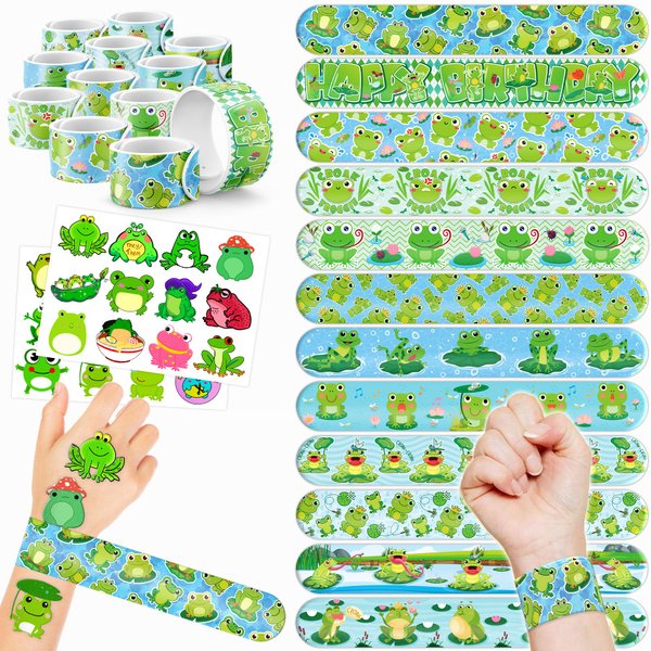 Cherisnowy 48 PCS Frog Party Favors 24PCS Tattoos Stickers 24PCS Slap Bracelets Wristbands Perfect for Themed Birthday Baby Showers or Classroom Rewards Ideal Decor and Gifts for Girls and Boys