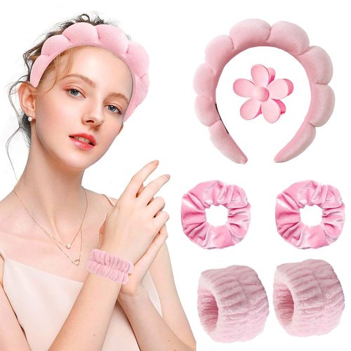 RICHTOP Spa Headband and Wristband Set, 6 Pack Skincare Headband Face Wash Headband, Skin Care Headband Set with Hair Clip Pink Headband for Washing Face Hair Accessories Gifts For Women