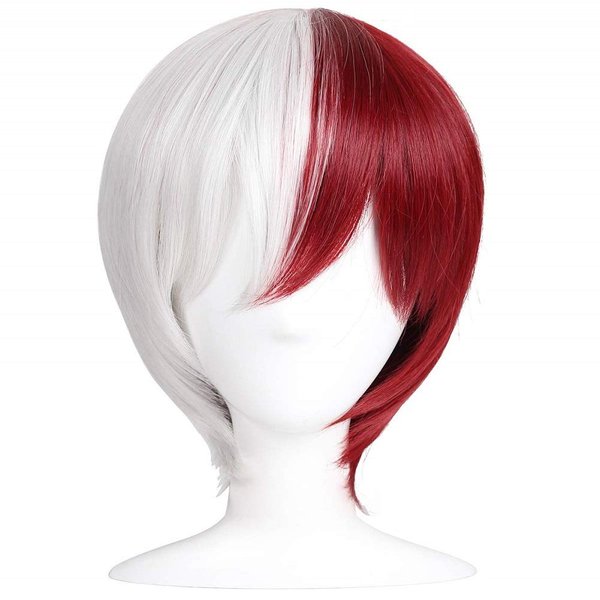 TOPHR Short Red and White Wig Anime Cosplay Wigs Heat Resistant Synthetic for Halloween Women, Girl Costumes Wigs Party(Half White Half Red)