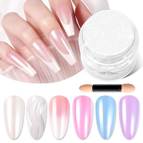 Moonlight White Chrome Nail Powder BISHENGYF - 1g Super Glossy Pearl Effect Chrome Nail Powder for Gel Nails Metallic Mermaid Pearl Nail Powder for Gel Polish Nail Art Decoration