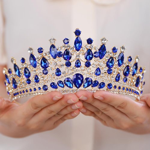 BERYUAN Blue Crystal Rhinestone Wedding Headband Royal Queen Crystal Headpiece Vintage Baroque Queen Teardrop Rhinestone Headband Glod Royal Blue Rhinestone Hairpiece for Birthday Party Favors
