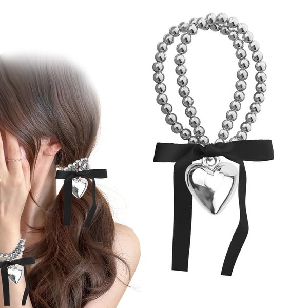 Double Layer Beaded Hair Tie Bracelet for Women Black Long Ribber Hair Bow Tie Heart Ponytail Holders Y2k Rubber Bands for Hair Scrunchies Elastic Hair Bands Rope Hair Accessories Decorations