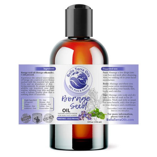 Bella Terra Oils Borage Seed Oil. 8oz. 100% Pure. Cold-pressed. Unrefined. PA-free. Hexane-free. GLA Oil. Natural Moisturizer for Hair, Face, Body, Nails, Stretch Marks