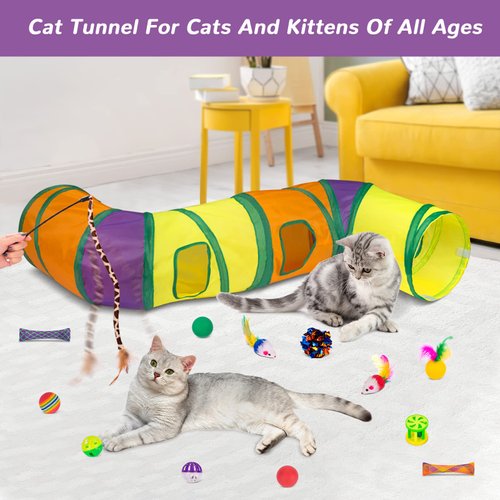 Retro Shaw Cat Toys for Indoor Cats 33 Pack,Kitten Toy Interactive Cat Feather Toy,Collapsible Cat Tunnel Tube Tent,Cat Springs Bell Rainbow Ball Crinkle Toy Mice Toy Pompom Ball Kitty Chase Exercise