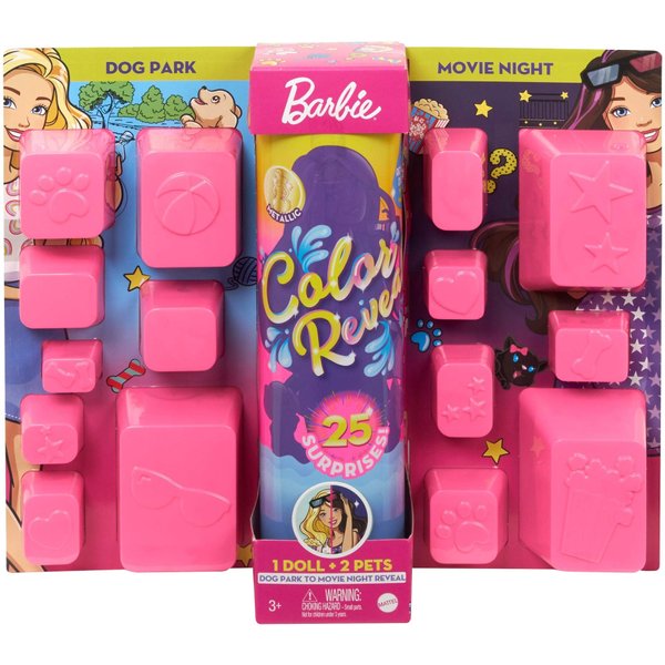 Barbie® Color Reveal™ Doll Set with 25 Surprises Including 2 Pets & Day-to-Night Transformation: 15 Mystery Bags Contain Doll Clothes & Accessories for 2 Looks; Water Reveals Look of Metallic Doll