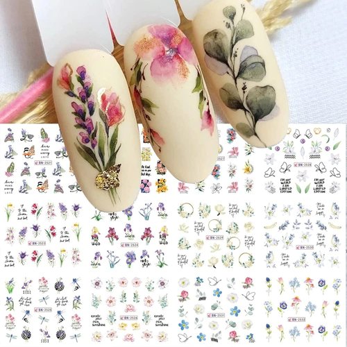 Flowers Nail Water Sticker Decals Lavender Tulip Lily Nail Art Slider Transfer Foil for Nail Decoration Accessory Watermark Spring Blossom Letter Design Slider for Manicure DIY Supply for Women 12PCS