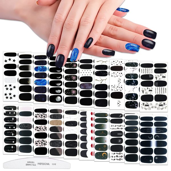 WOKOTO 20 Sheets 280 Pieces Black Nail Wraps Full Nail Stickers for Girls Women Gel Nail Strips Punk Style Self Adhesive Nail Polish Stickers Full Cover Nail Decals for Nails Nail Color Strips