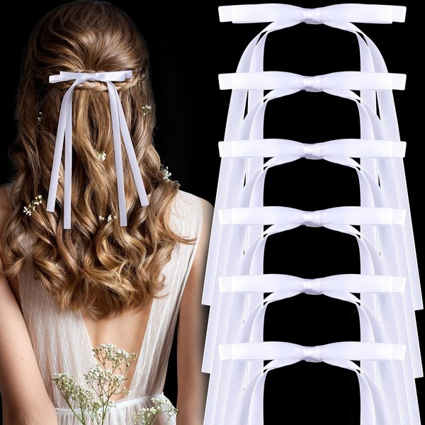 HINZIC 6PCS 4.4inch White Hair Bows Long Ribbon Satin Bow Hair Clips Barrettes Wedding Prom Engagement Halloween Decorative Hair Accessories for Teen Girl Women Bride Thin Hair