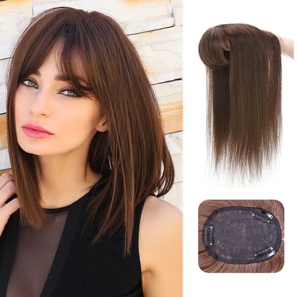 Uotp Synthetic Hair Crown Topper Closure Women Top Toupees Silky Straight Hair Topper Hairpieces Hair Bang with Clips Hair Extensions (14" Straight, Light Brown)