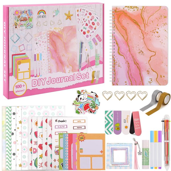 SKYDUE DIY Journal Kit for Girls, Creative Arts and Crafts Set, Cute Diary Scrapbook Supplies Perfect Christmas & Birthday Gifts for 8 9 10 11 12 13 14 Year Old and Up Teen Pink