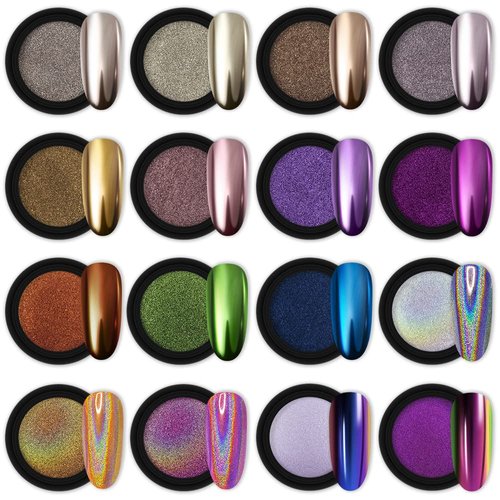 Artdone 16 Jars Chrome Nail Powder Nail Art Glitter Decoration Metallic Mirror Effect Holographic Aurora Chameleon Pigment Powder 1g/Jar Pearl for Resin Craft & Nail Art