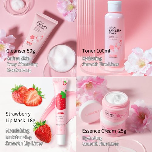 Sakura Facial Skincare Set - Skin Care Set for Women - Beauty & Personal Care - Facial Skin Care Products with Cleanser,Toner,Lip Mask,Essence Cream - Hydrate,Soften,Smooth,Nourish,Moisturize