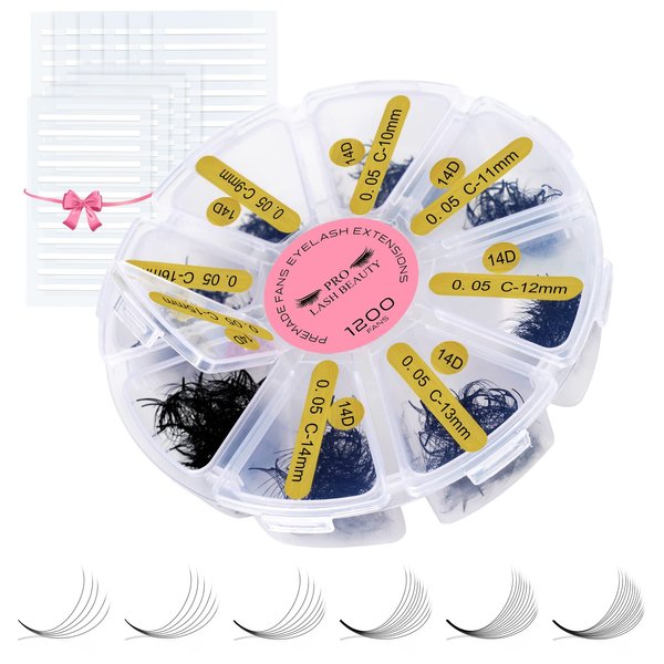 1200 Fans Premade Fans Eyelash Extensions Premade Volume Lash Extension Mixed Tray From 5D to 14D Handmade Lashes Bulk Promade Fans Soft Pointed Fans 5D-D-0.10-9-16mix