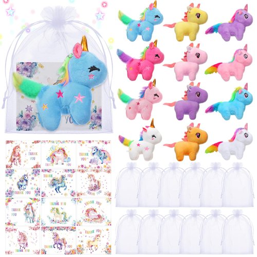 Liliful 12 Sets Unicorn Party Favors Include 12 Small Unicorn Stuffed Animal Plush Keychain, 12 White Organza Bags, 12 Thank You Gift Cards for Girls Unicorn Birthday Decorations Supplies Prizes
