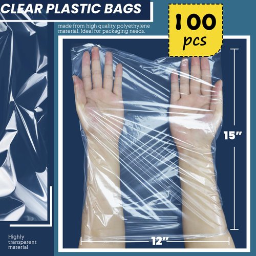 WFPLUS 100 Pack 12 x 15 inch 1 Mil Clear Plastic Flat Poly Bags, Clothing Merchandise Bags, for Food, Bread, Dough, Clothes Packaging, Storage, Gift Bag