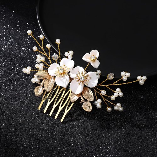 Jakawin Flower Bride Wedding Hair Piece Gold Leaf Hair Comb Pearl Bridal Hair Accessories for Women HC132