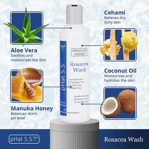 pHat 55 Moisturizing Face & Body Wash for Sensitive Skin with Manuka Honey & Aloe Vera - Gentle Cleanser for Rosacea Prone Area - Nourish Dry & Itchy Skin (4oz)