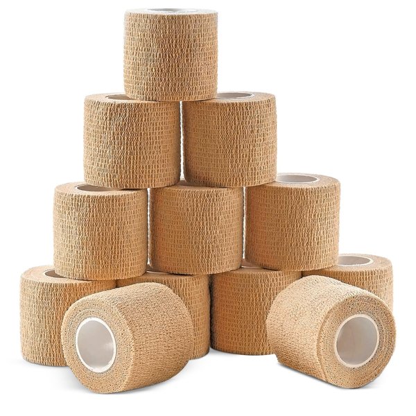Ever Ready First Aid Self Adherent Cohesive Wrap Bandages, 2” x 5 Yards for First Aid, Sprains, Swelling, Sports, Pets, Tan Color – 12 Count