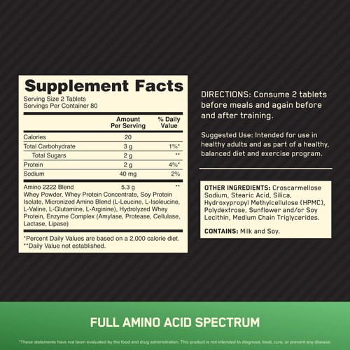 Optimum Nutrition Superior Amino 2222 Tablets, Complete Essential Amino Acids, EAAs, 160 Count