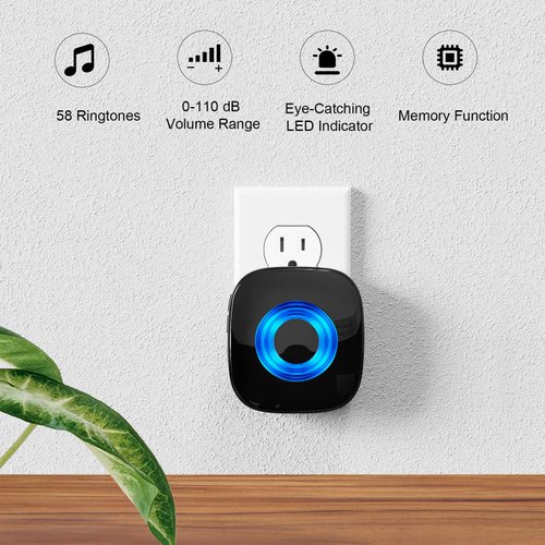 Wireless Doorbell for Home, Waterproof Door Chime Kit Operating at 1300-ft 58 Adjustable Melodies & 5 Volume Levels -PHYSEN Door Bell Wireless with LED Strobe, 2 Push Buttons + 4 Plug in Receivers