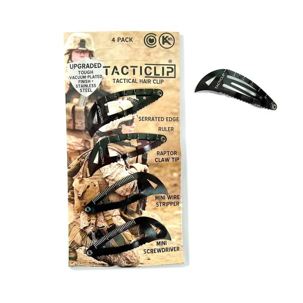 Tactical Hair Clips, 4 Pack - Black - Multitool Snap Barrettes - Laser Engraved, Vacuum Plated, Multi-Functional Keychain Multi Tool - Box Cutter, Serrated Edge, Raptor Claw