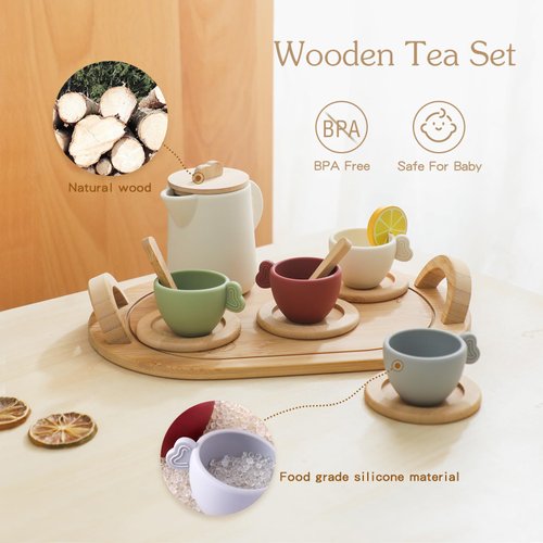 Wooden Tea Set for Little Girls, Enchanting Tea Party Set Silicone Tea Set Teapot Cups Carrying Scoop Kids Kitchen Accessories Toys Toddler Tea Set Girls Gift
