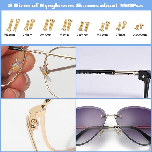 Gold Eyeglass Repair Tool Kit Eye Glass Repair Kit Eye Glasses Repairing Screwdriver Set with Eyeglass Screws, Nose Pads, Small Screwdriver, Tweezers for Glasses Sunglasses Watch Clock Repair