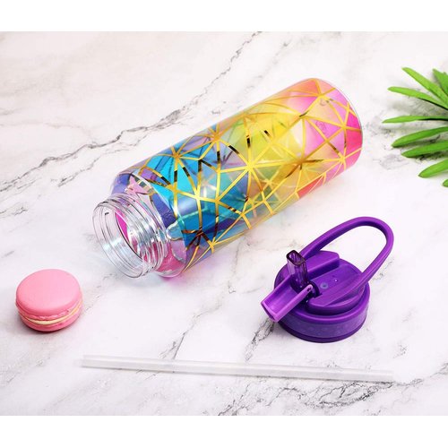 Home Tune Cute Water Bottle with Straw, BPA FREE Tritan &Leak Proof & Carry Handle & Pretty Design, 32oz/950ml (Colorful)