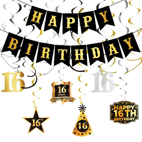 Black and Gold 16th Birthday Decorations Kit, Happy Birthday Banner and 16th Birthday Hanging Swirls 16th Birthday Decorations for Boys Girls